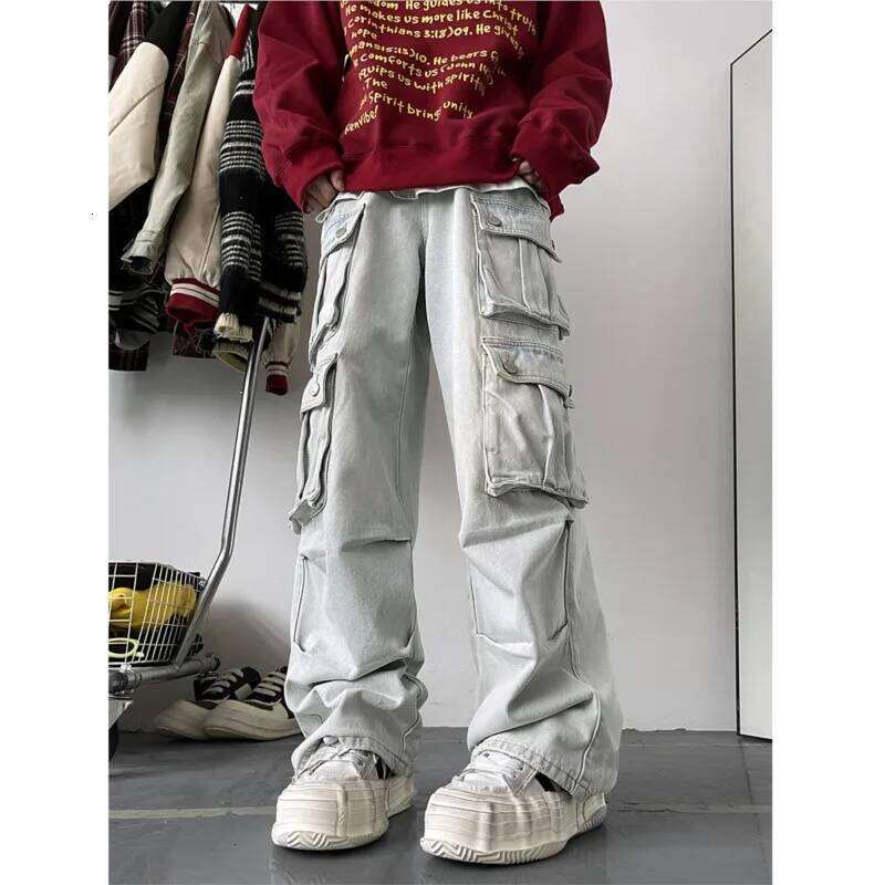 Light Blue Cargo Jeans Men's Patchwork Straight Casual Trousers Men Muti-pockets Hip Hop Streetwear Loose Fashion Pants