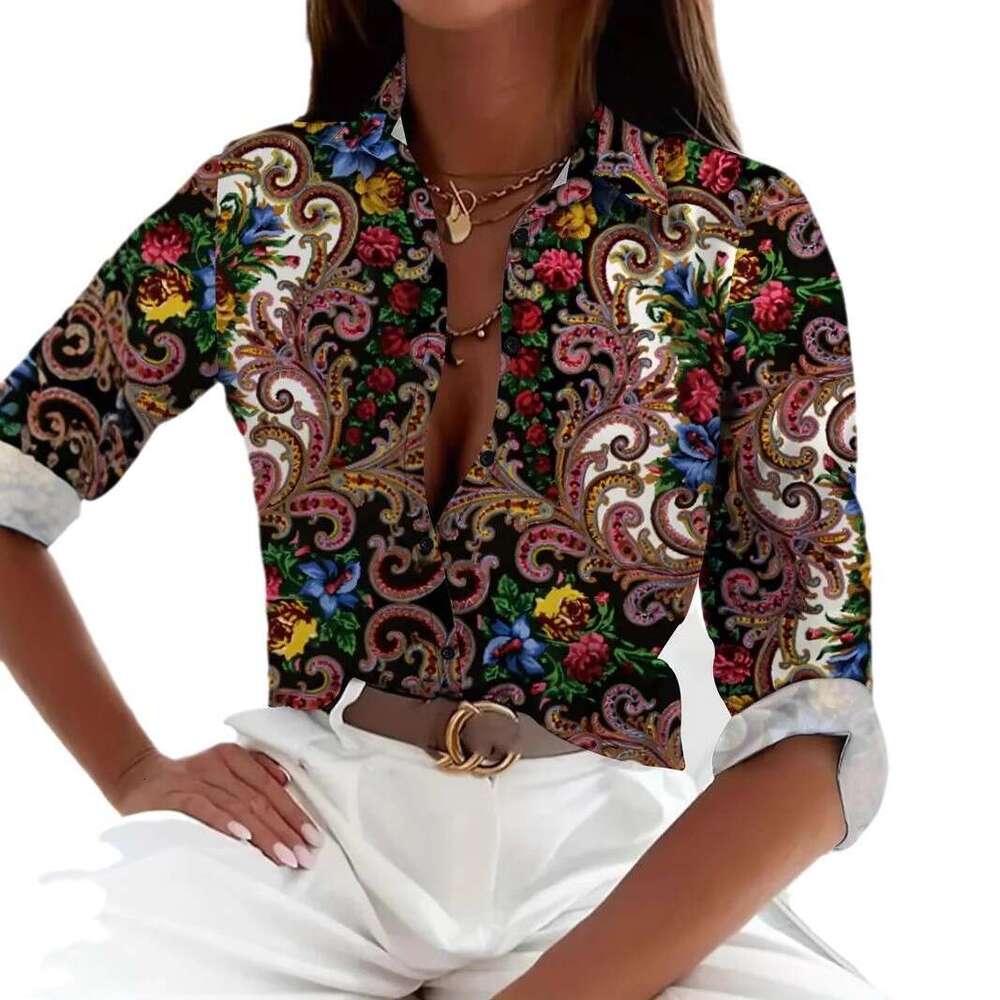 Women's Heart Print Button Down Shirt with V Neck, Long Sleeve Casual Top for Spring Summer Love Heart Print Pattern Office Lady Blouse Shirts