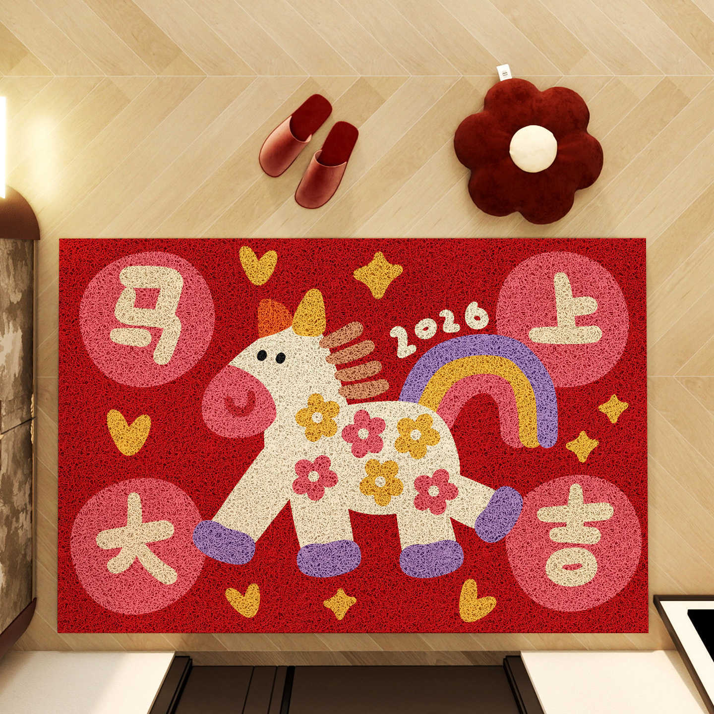 New Years Door Mat for the Year of the Horse Festive Red Carpet with Silk Loop Non-Slip and Dirt-Resistant Floor Mat S260207
