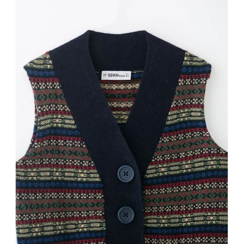 Women Wool Jacquard Knitted Vest Autumn Winter V Neck sleeveless Button Female Casual Fashion Waistcoat 260130