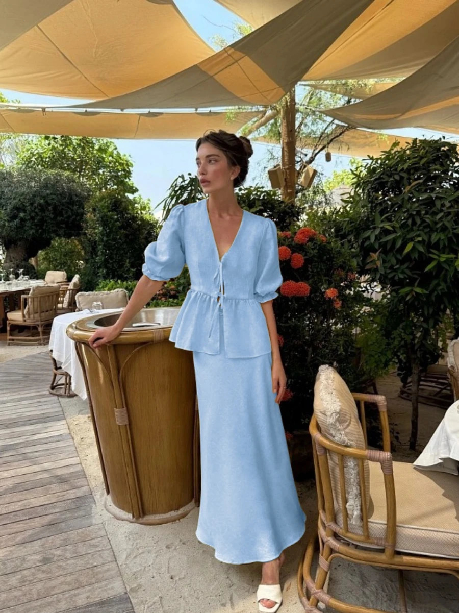 Bornladies 2025 Summer Womens 100 Cotton V-Neck Lace-Up Bubble Sleeve Shirt Long Skirt Set Loose Casual Two-Piece Suit 260120
