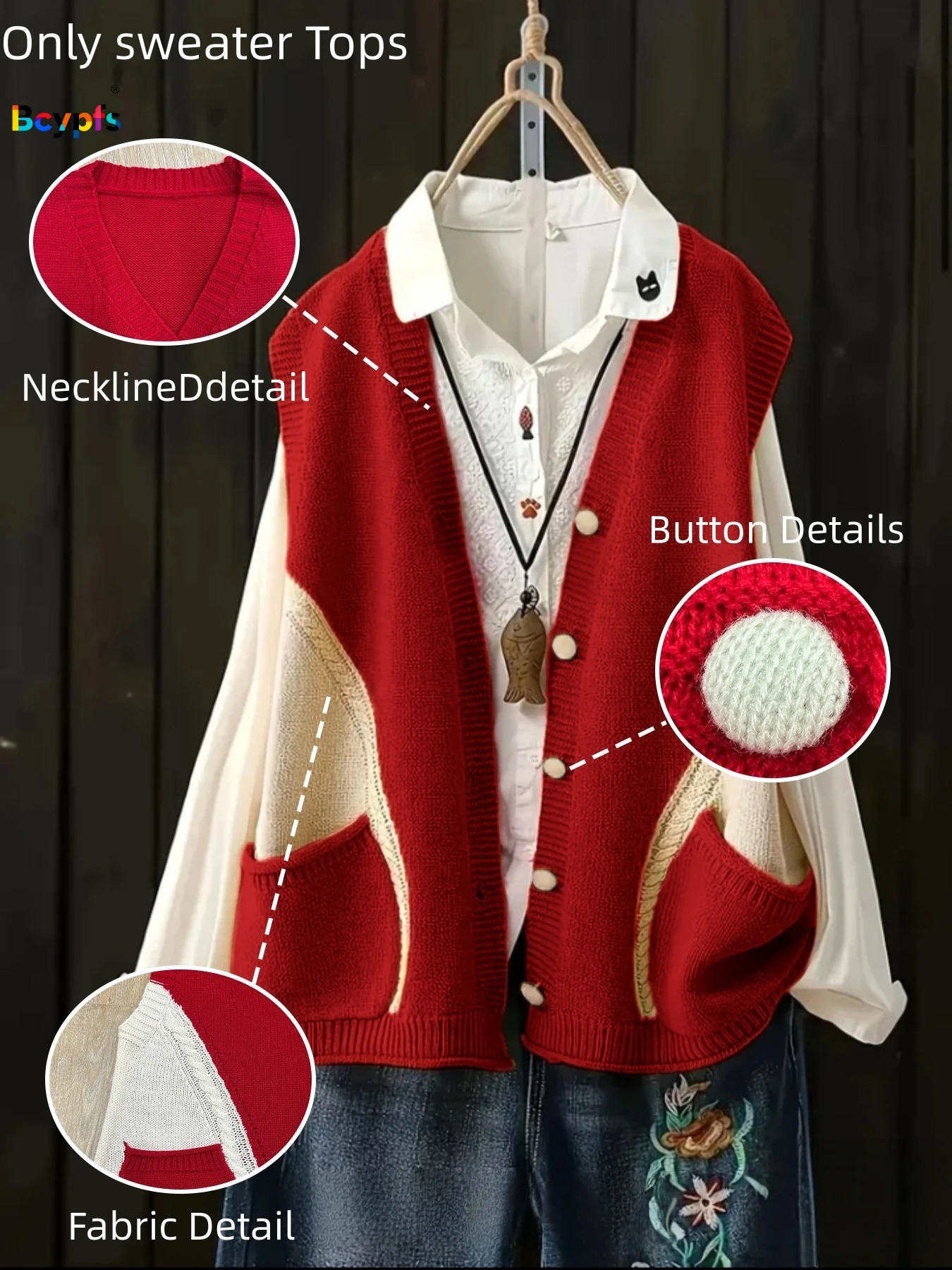 Womens Knitted Vest Shirt Set Sleeveless Red Beige Patchwork Loose Button Front Casual Daily Spring Autumn VintageFashionTops 260130