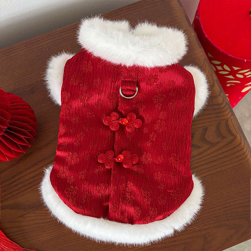 New Year Fleece-Lined Autumn Winter Chinese Style Jacquard Vest Thickened Pet Dog Cat Clothes Accessories Bichon Teddy