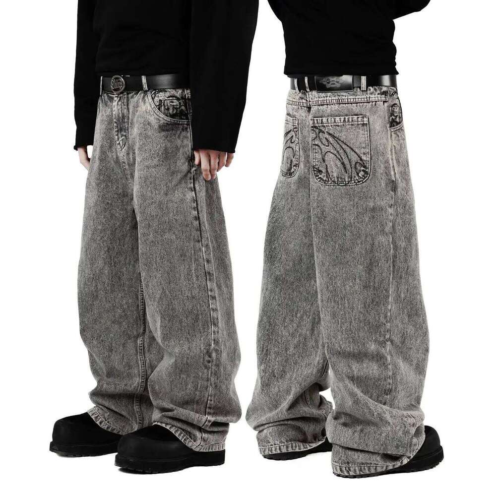 90s Retro Street Embroidery Male R&B Solid Color Loose Straight Pants Female Y2K Harajuku Hip Hop Punk Style Men Jeans
