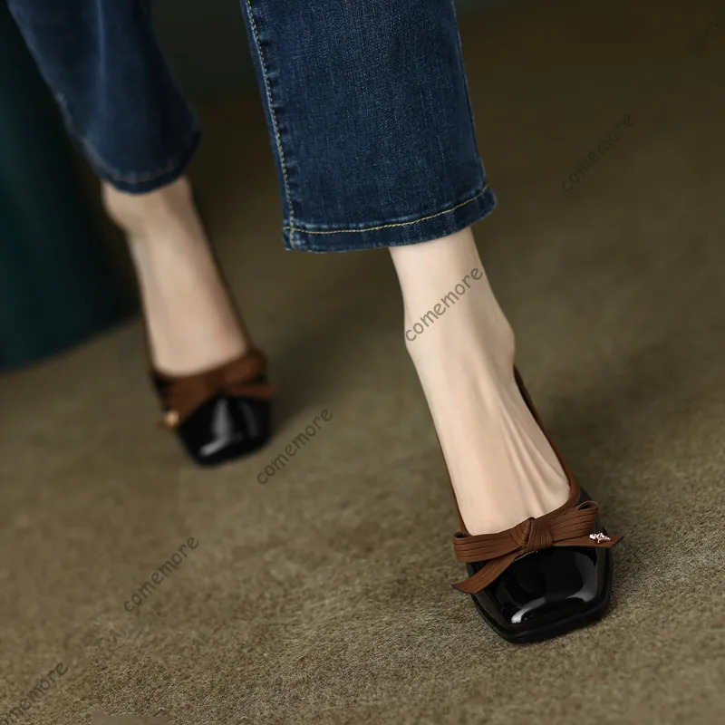 Comemore Women Casual Retro Bowknot Pumps Shoes Spring Autumn Fashion British Style Elegant Square Toe Thick Heeled Shoe 260208