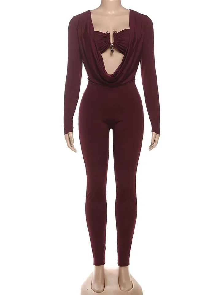 Sisterlinda Swinging Neck Slim Jumpsuits Sexy Solid Cleavage Full Sleeve Elastic OverallsInside Chest Tanks Mujer Clubwear 260126