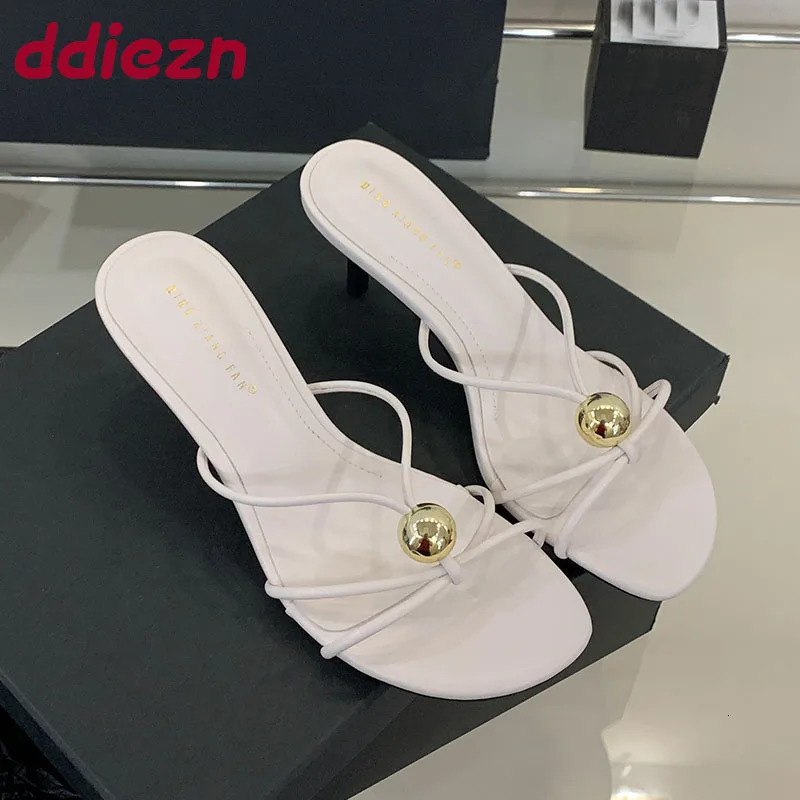 Thin Heels Footwear Slippers Slides Shoes For Women Metal Fashion Round Toe Ladies High Female Sandals 2025 260208