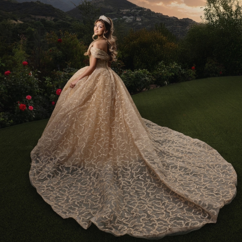 Champagne Shiny Quinceanera Dresses Ball Gown Off The Shoulder Sequin Applique Lace Beading Crystal Tull Sweet 16 Dress Vestidos 15 De Anos