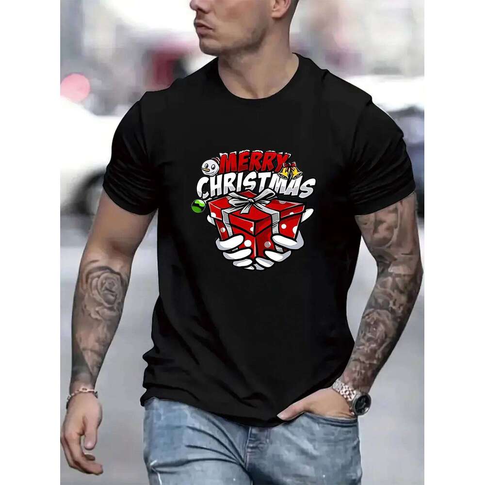 Men's Merry Christmas Gift Print T-Shirt - Crew Neck, Summer Gym Workout Tee X260209