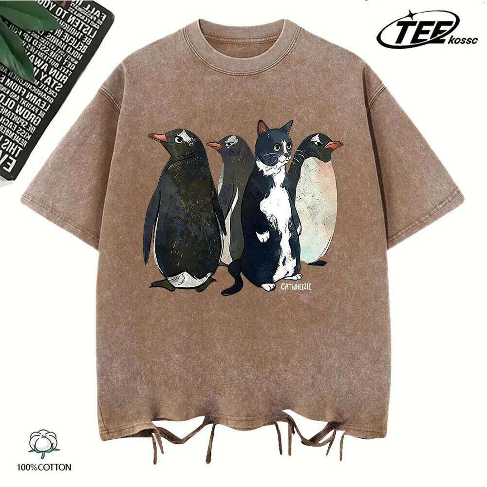 A Cow Cat Imitating Penguins Catmen Washed Holes T Shirt Summer Cotton Tee Loose O-Neck Clothing Fashion Unisex Vintage Top X260209
