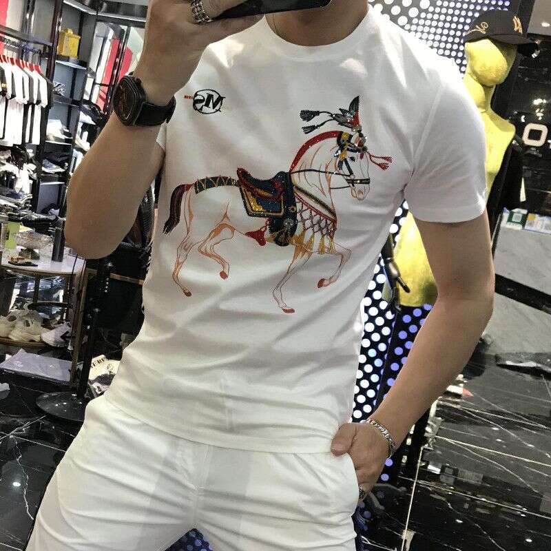 Men's Short-Sleeve T-Shirt 2022 Spring/Summer Trendy Brand New Style Mercerized Cotton Personalized Rhinestone Decoration High-End Half-Sleeve Te