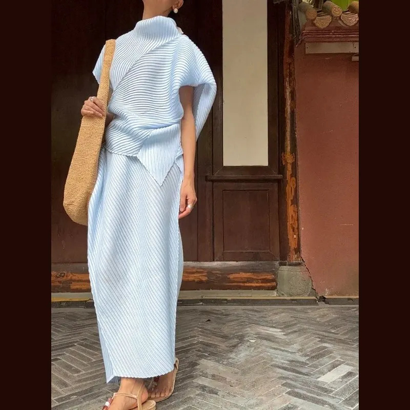 Miyake Pleated Women Set 2026 Summer Solid Color Irregular n Tshirt Loose Large Half Skirt Female Two Piece 250203