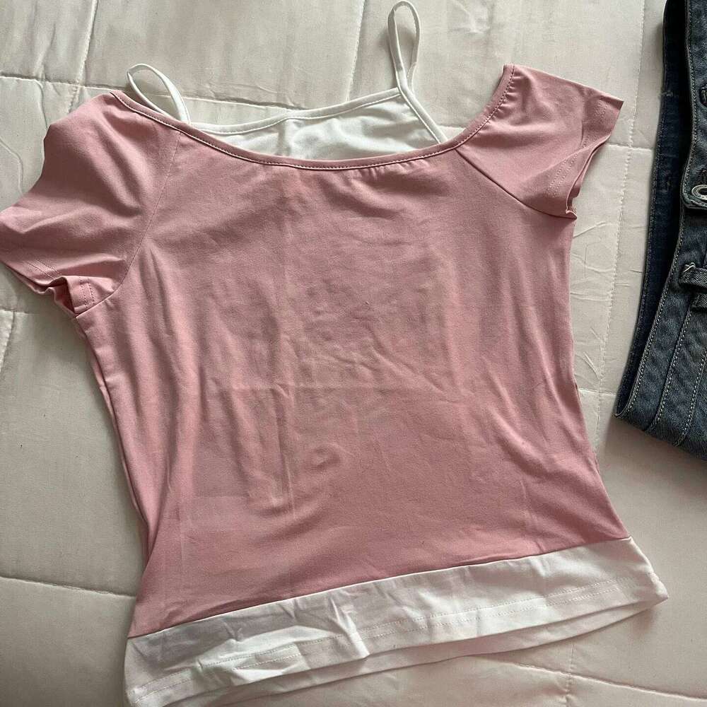 Y2k Women's Short Sleeved Top Harajuku Pink Printed Casual Fashion Street Sweet Sexy Millennium Style