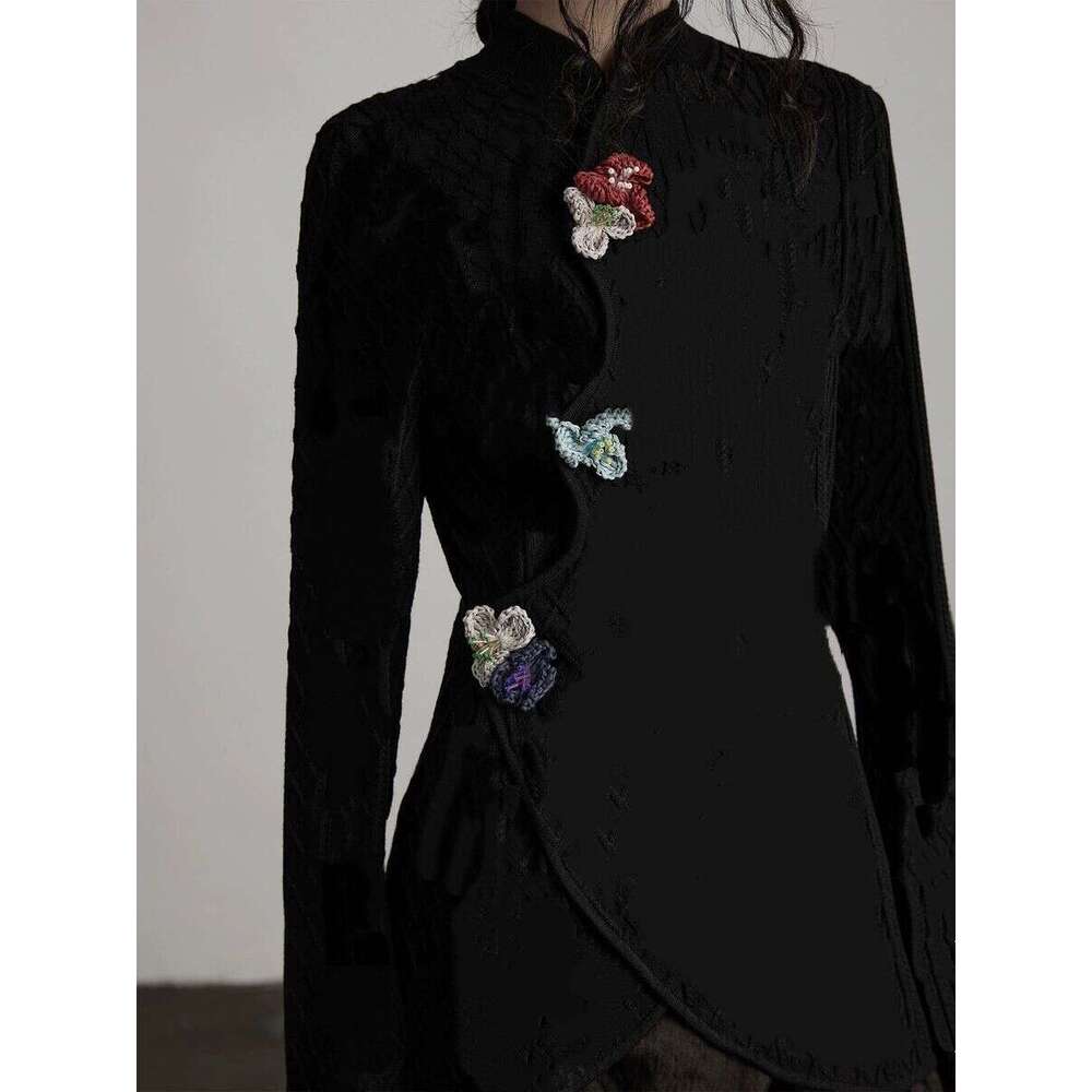 New Chinese-Style Design Autumn And Winter New Heavy-Duty Three-Dimensional Floral Slim-Fit Sweater, Knitted Top, National Trend Cheongsam Top For Wom