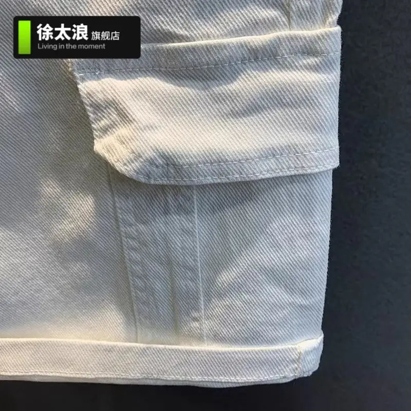 Summer Multi-pocket White Denim Mens Five-point Pants Loose Straight White Casual Tooling Jeans Shorts Low Rise Jeans 260208
