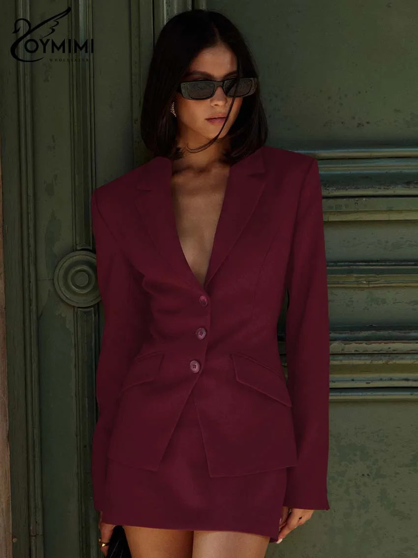 Oymimi Fashion Wine Red Two Piece Set For Women Elegant Long Sleeve Single Breasted Blazers And Slim Simple Mini Skirts Sets 250203