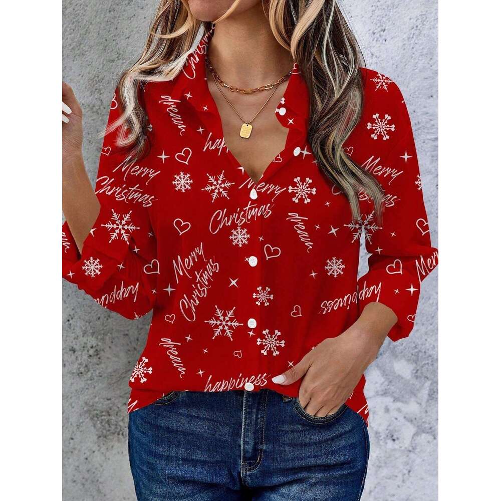 Women's Heart Print Button Down Shirt with V Neck, Long Sleeve Casual Top for Spring Summer Love Heart Print Pattern Office Lady Blouse Shirts