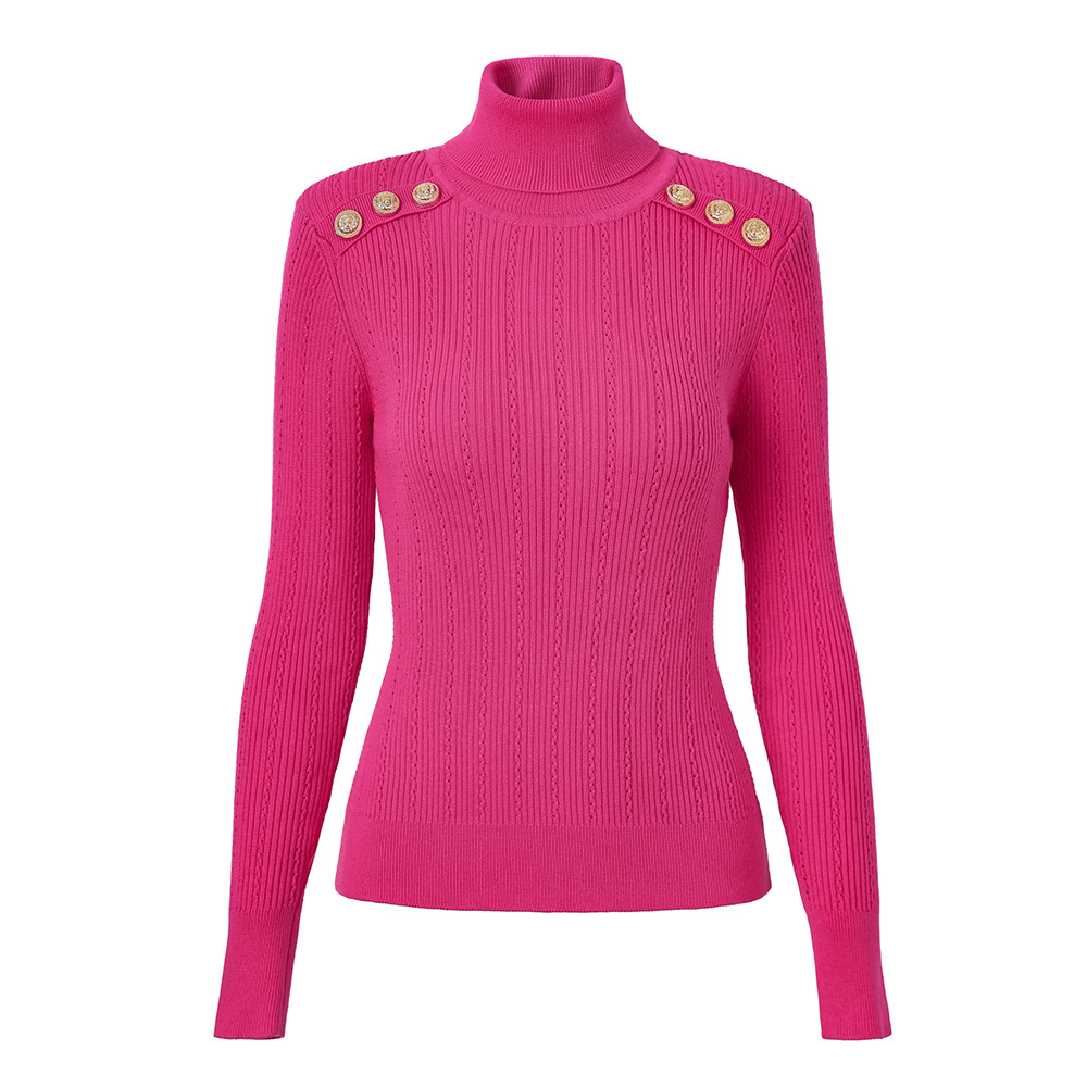 Women's Sweaters Coral Red Black Turtleneck Pullover Sweater For Women Spring Fashion Shoulder With Gold Lion Button