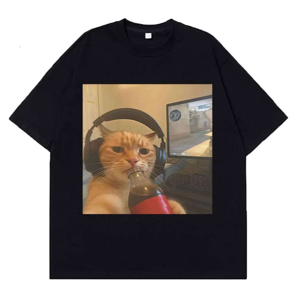 Funny Gamer Cat Meme Tshirt Women Fashion Summer Short-sleeved Tops Harajuku Sleeve Casual Aesthetic Clothes X260209