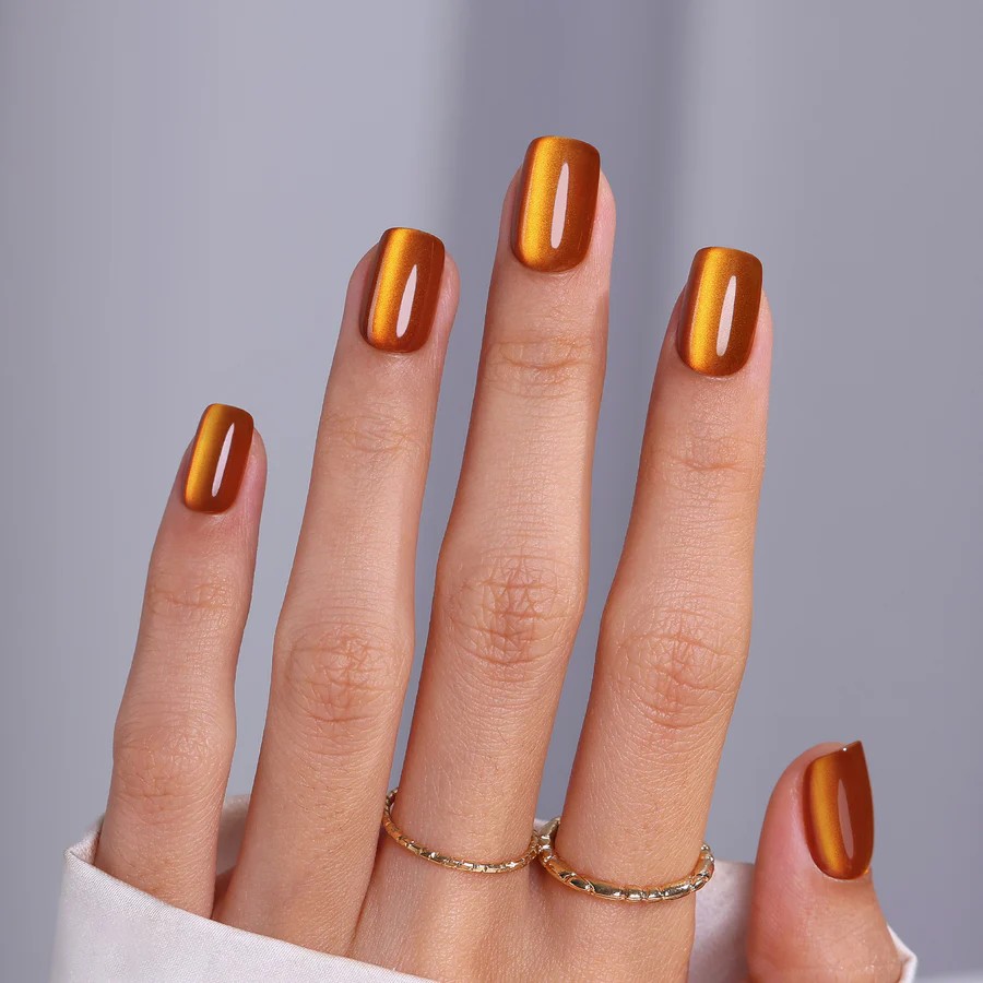 Burnt Orange Cat Eye Short Square Nails stick-on with glue included 16 sizes - 32 pieces reusable