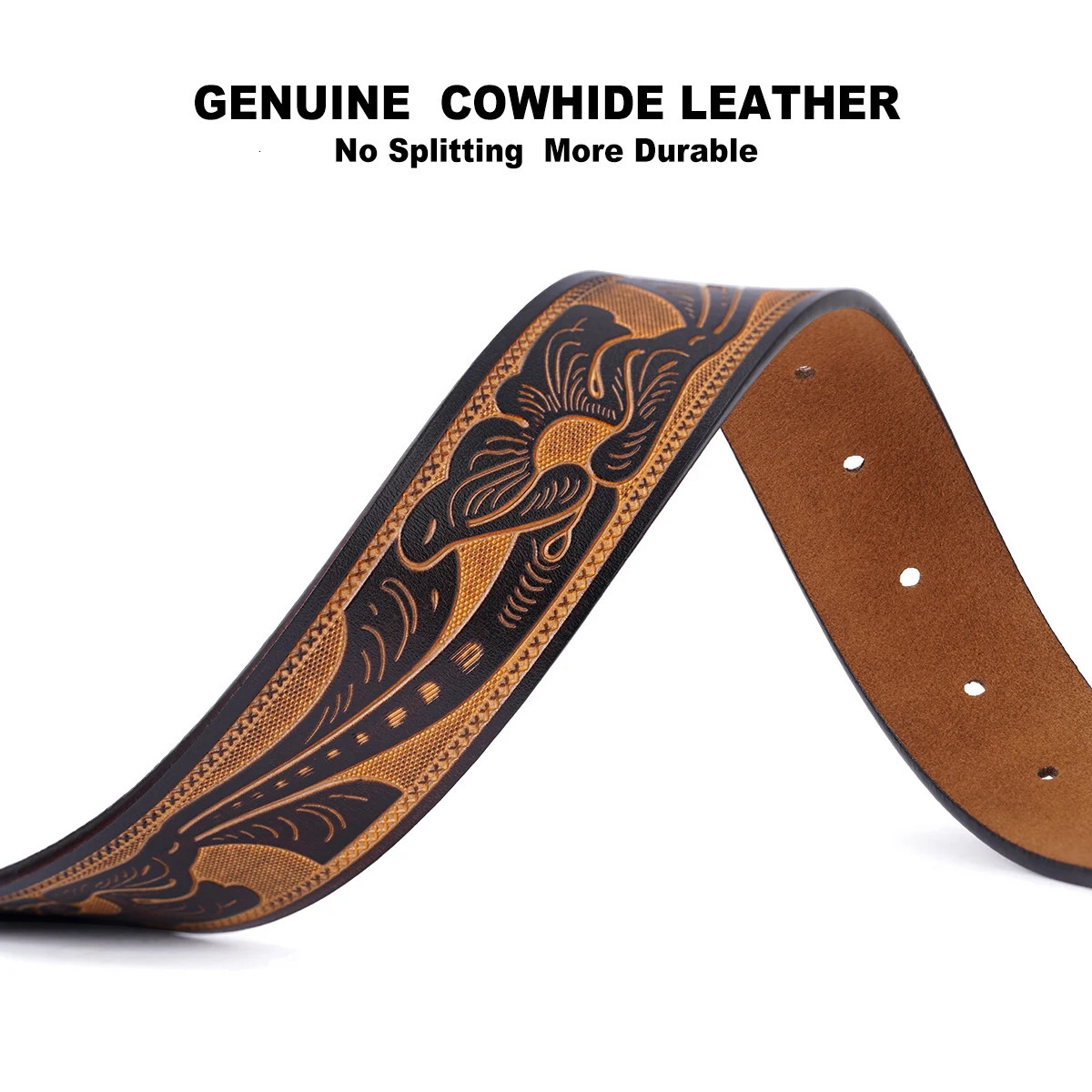 Genuine Leather Vintage Belt No Buckle Embossed Cowhide Without Buckle Men Strap Male Western Cowboy Belts 260124