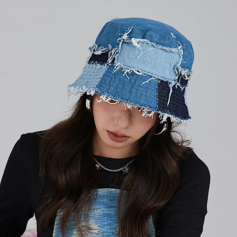 Japanese Niche Bucket Hat Showing Small Face Retro Beggar Style Splicing Contrasting Color Denim Basin Caps for Women 260208