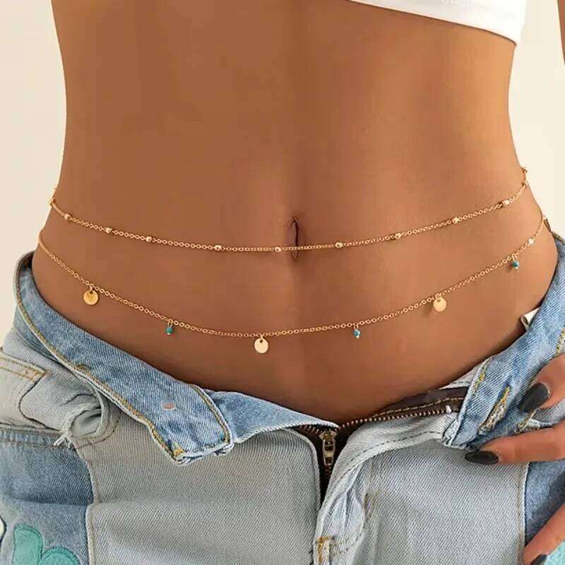 2024 New Trendy Sexy Double Layer Pearl Butterfly Chain for Women Charm Waist Bead Belt Summer Beach Body Jewelry Accessories X260209