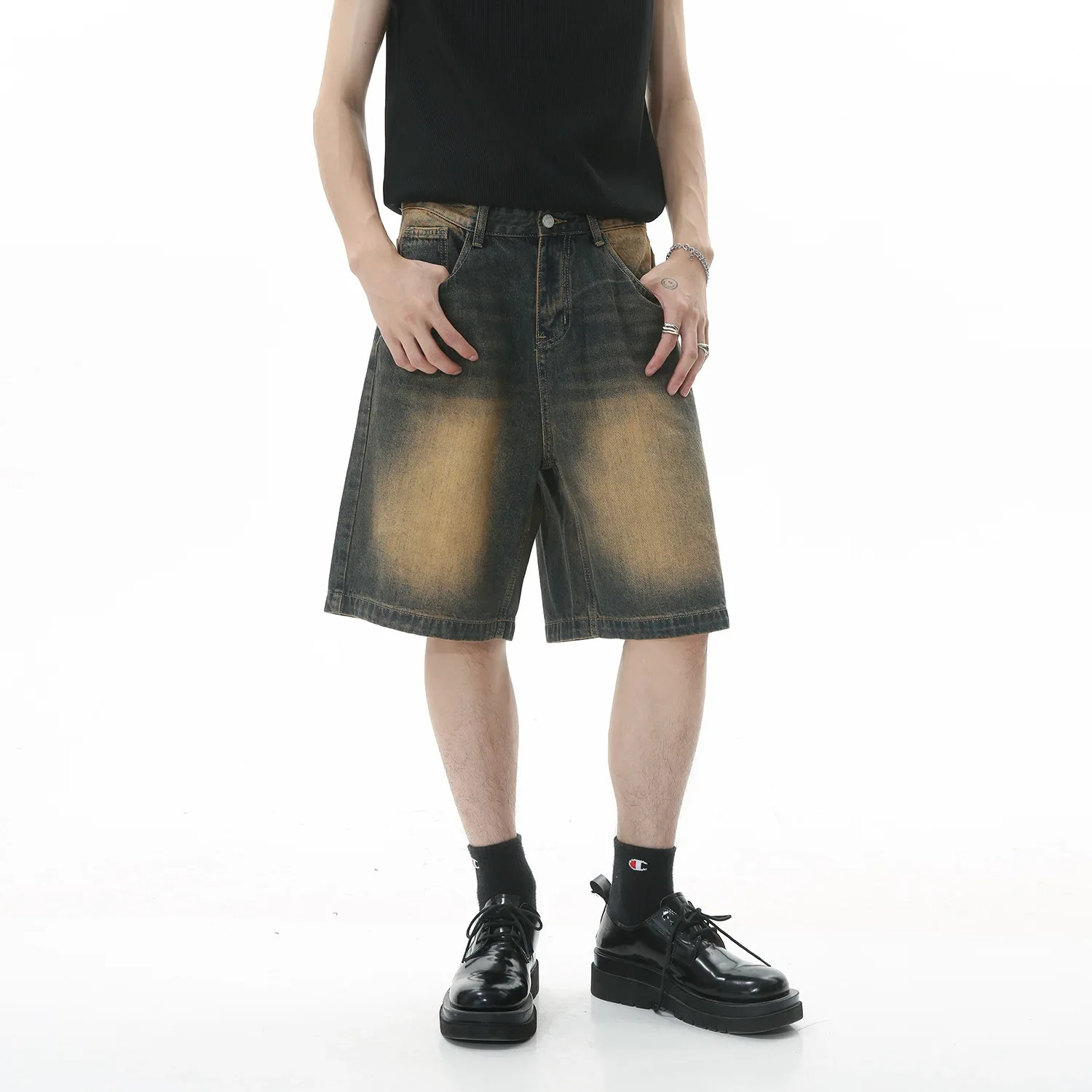 Vintage Mens Jeans High-Streets Wide-leg Pants Men Summer Baggy Jeans Denim Shorts for Men Streetwear Knee Length Short Pants 260208