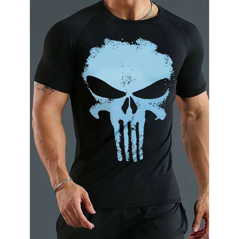 Skull Print Men's Summer Casual Wear Sports Fitness Short-Sleeve T-Shirt Streetwear Fashion Top for Men X260209