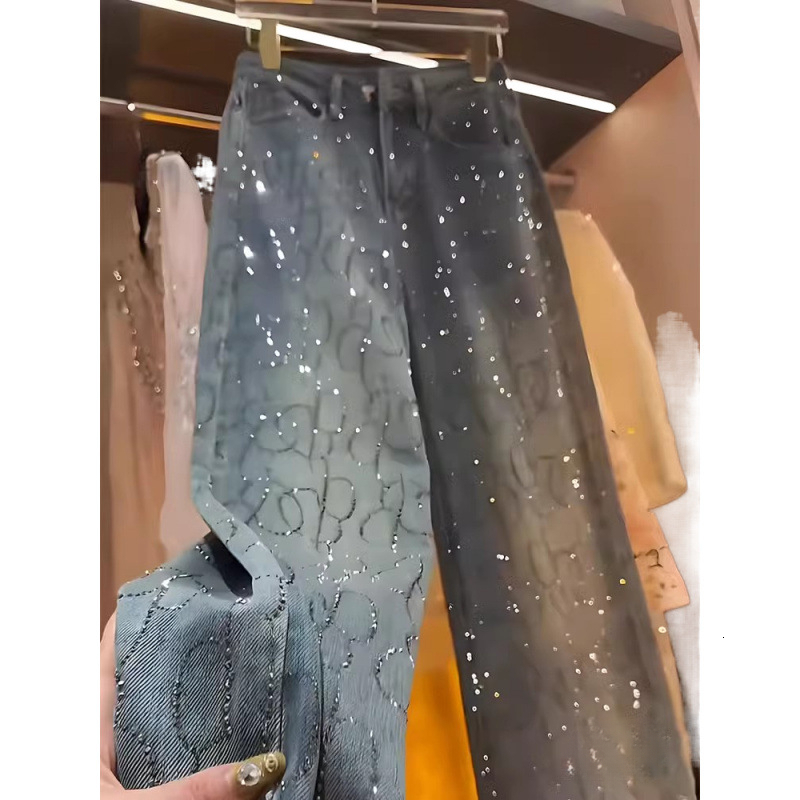 Top Rhine Stone Jeans 2026 Spring New Designer Trendy Style Shiny Loose Straight Leg Pants Women's Jeans American Y2K Style Luxury Jeans