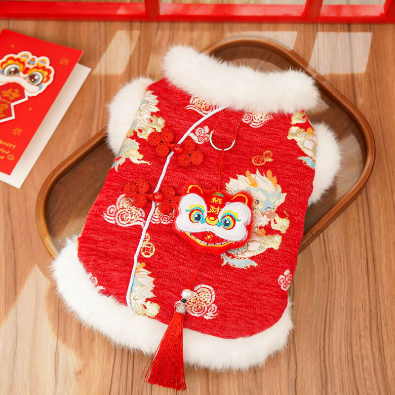 New Year Chinese Style Lion Dance Green Dragon Tassel Thickened Pet Dog Cat Clothes Accessories Winter Wear Bichon Golden Gradient