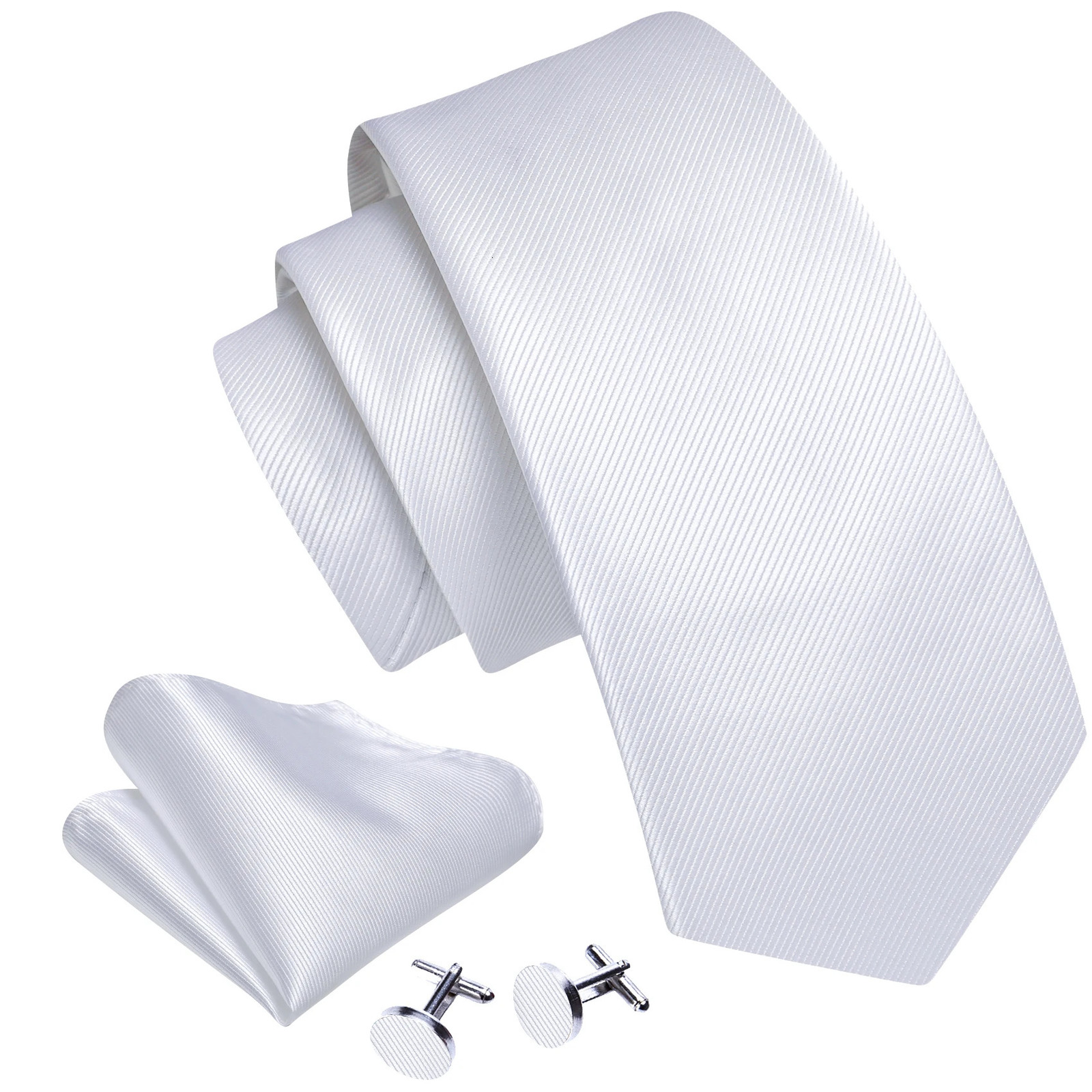 Silver White Silk Men Tie Handkerchief Cufflinks Set Jacquard Solid Paisley Floral Necktie For Male Wedding Business BarryWang 260208