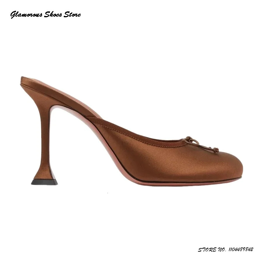 Elegant Womens Bowknot Satin Mules Cute Round Toe Hourglass High Heels Trending Shoes 2025 Spring Summer Banquet Dress Slippers 260208