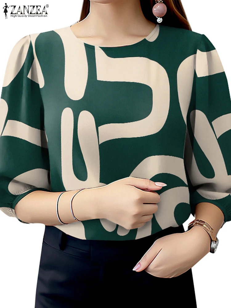 ZANZEA Elegant Office Work Blouses Summer Women Tops Stylish Spring O Neck 34 Sleeve Printed Shirt Autumn Retro Holiday Blusas 260207