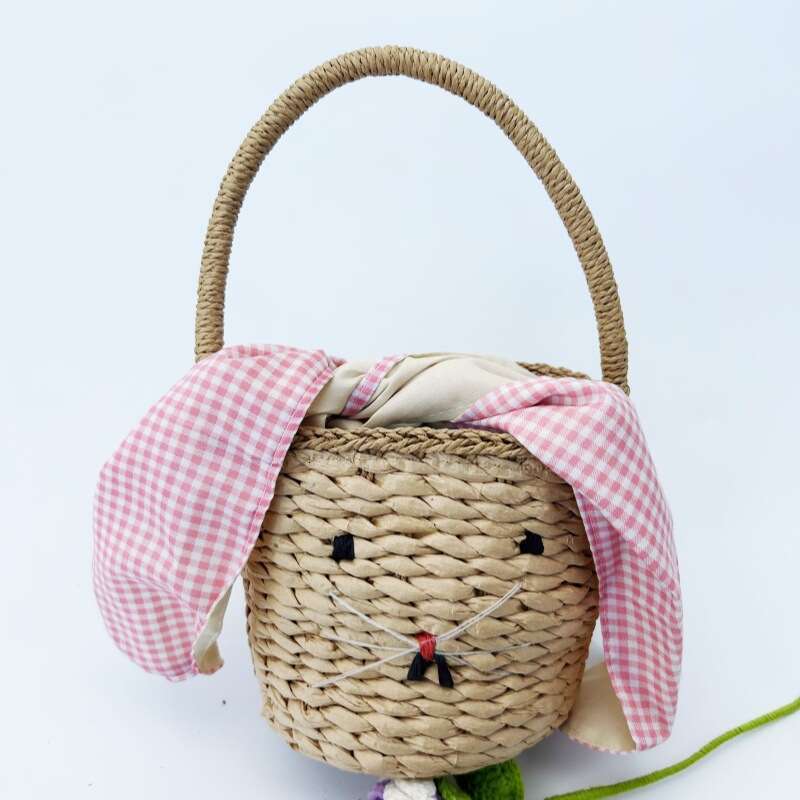 Big-Eared Rabbit Bucket-Shaped Handbag, Cute Cartoon Children's Bag For Girls, Animal-Shaped Straw Paper Woven Bag, New