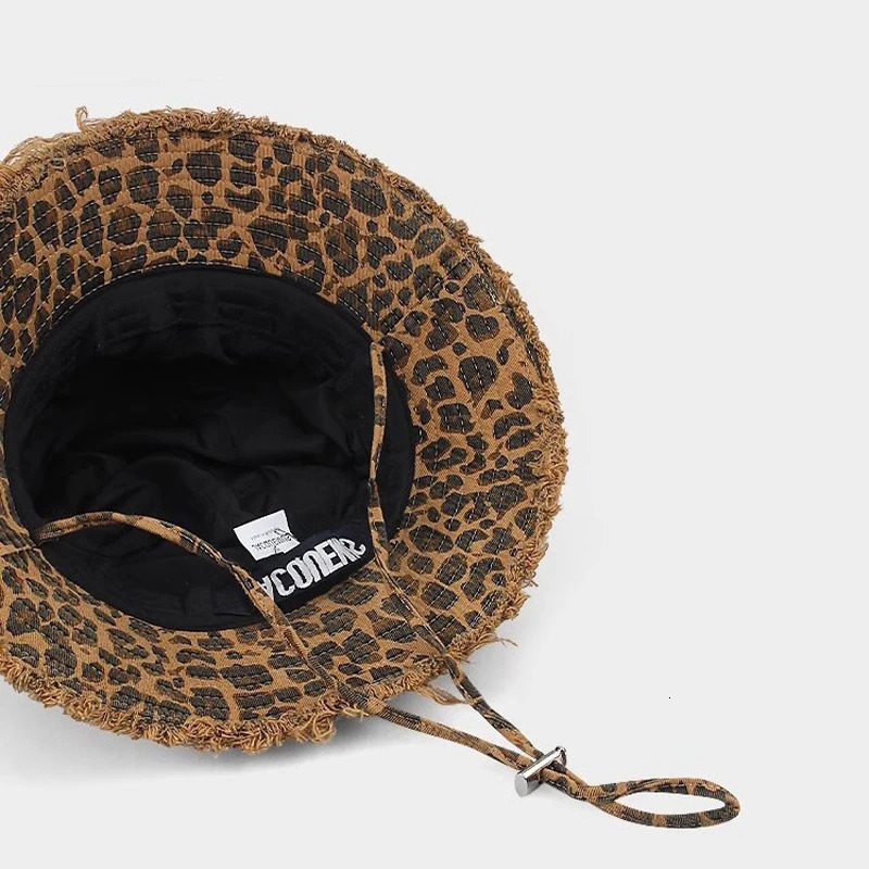 Ladies Bucket Hats Leopard Print Korean Retro Fashionable Personalized Raw Edge Bucket Hats Large Brim Outdoor Sports Sun Hats 260208