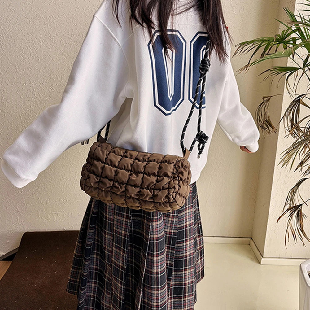 Women Padded Crossbody Bag with Braided Rope Strap Puffer Satchel Zipper Clre Quilted Nylon Daily for Female 260208