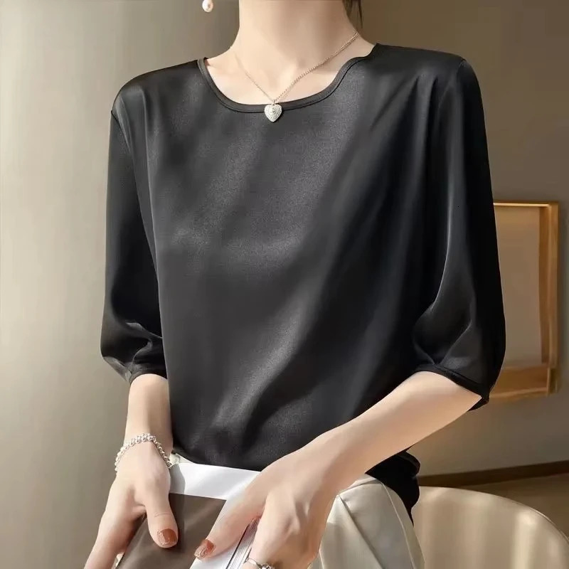 Summer satin Women Blouse Silky Loose Woman Shirt ladys half Sleeve tops Casual solid tshirt ONeck pullover womens clothing 250203