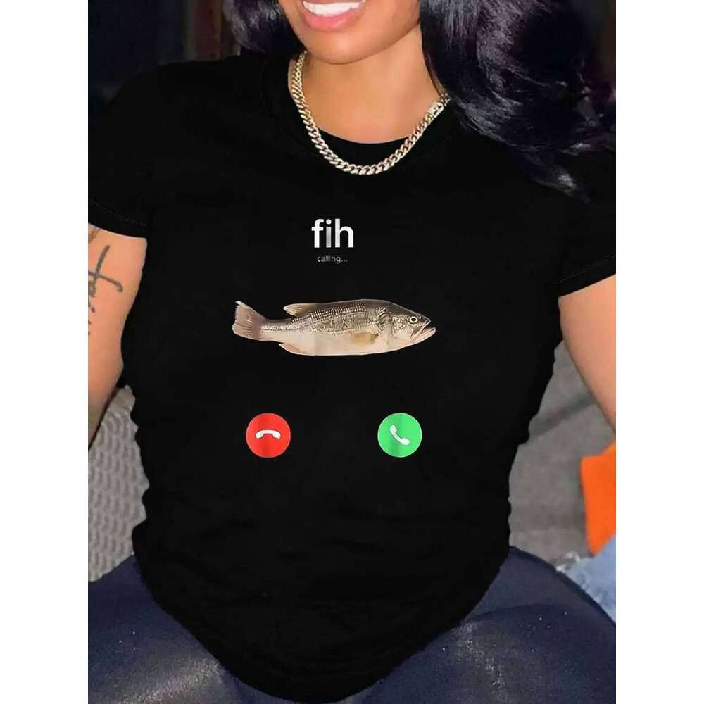 Fih Calling Remind Me Message Decline Accept Phone Call Fish T-Shirt Funny Fishman Graphic Outfit Short Sleeve Blouses Novelty X260209