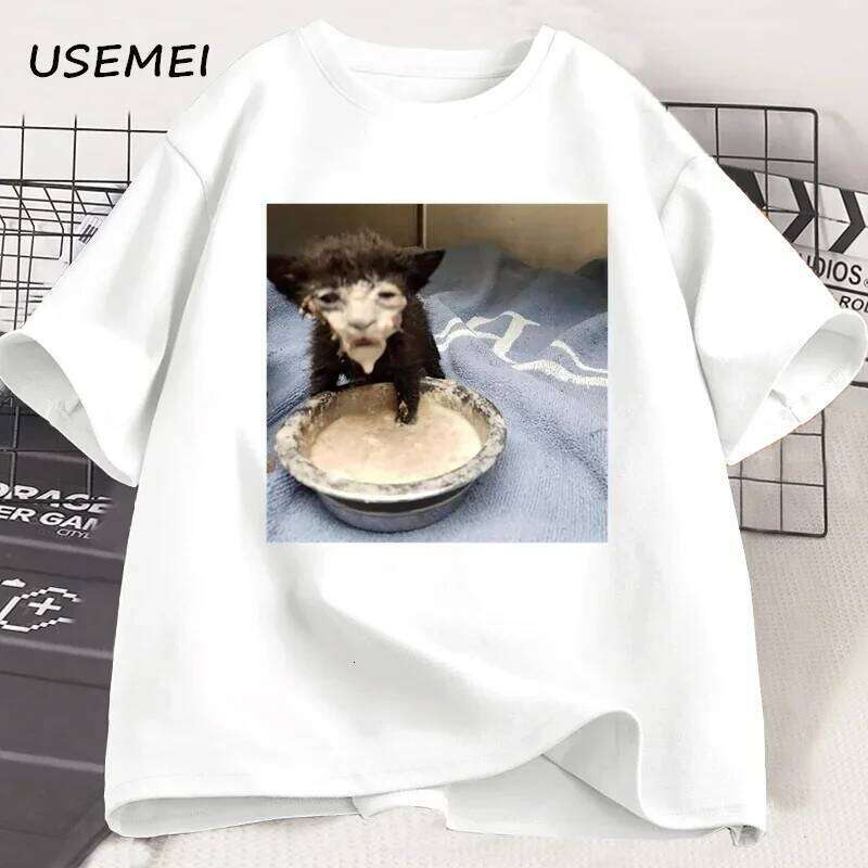 Milk face stem T-shirt, a strange and interesting cat printed for men, 100% cotton short-sleeved T-shirt X260209