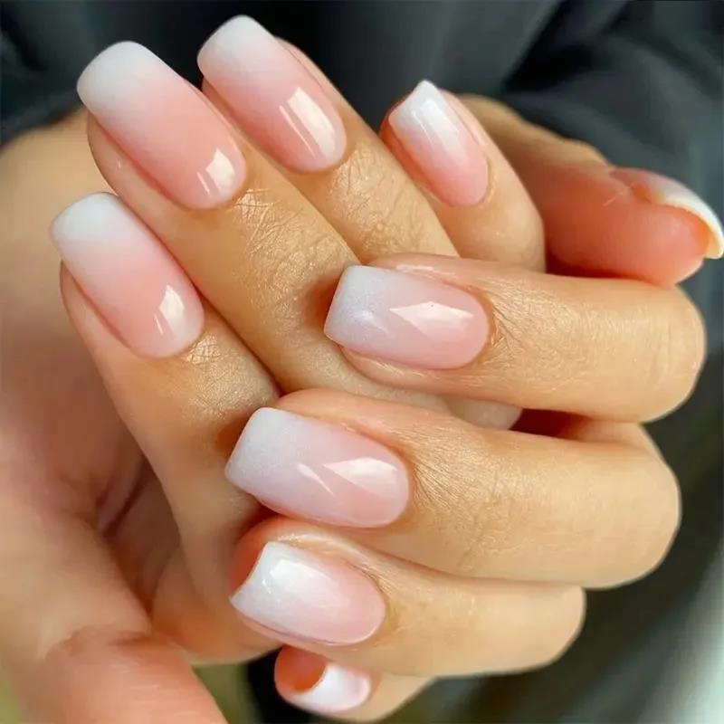 Luxury False Nails 24Pcs Flesh Color Gradient Powder Square maquillaje Short Imitation Nail Plate Fake 1Pc Jelly Paste File Strip H260202