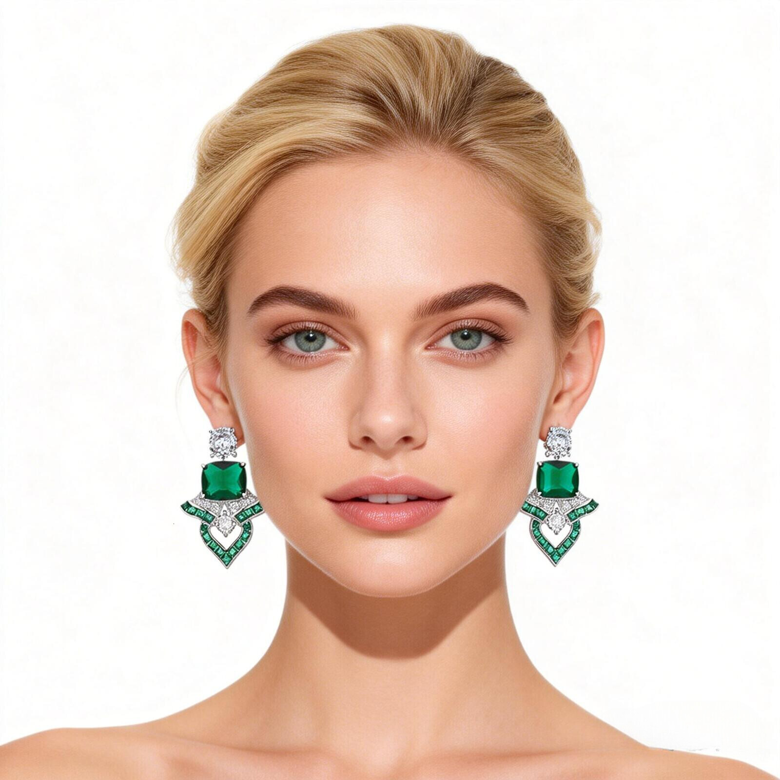 Emerald Earrings, Platinum-Plated, High-End Fan-Shaped Earrings Elegant Evening Earrings For Women Earrings