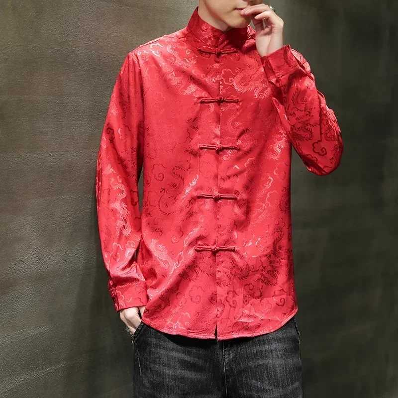 Buckle Elegant Tang Jackets Silver Mandarin Collar Blouse Red Chinese New Year ClothesBig Size Blue Satin Silk Shirts For Mens C260209