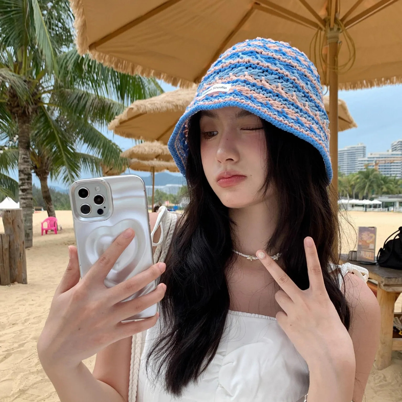 Ladies BucketHat Korean Knitted Striped Verstaile Hollow Breathable Bucket Hat Beach Vacation Sunscreen Sunshade Hats For Girl 260208