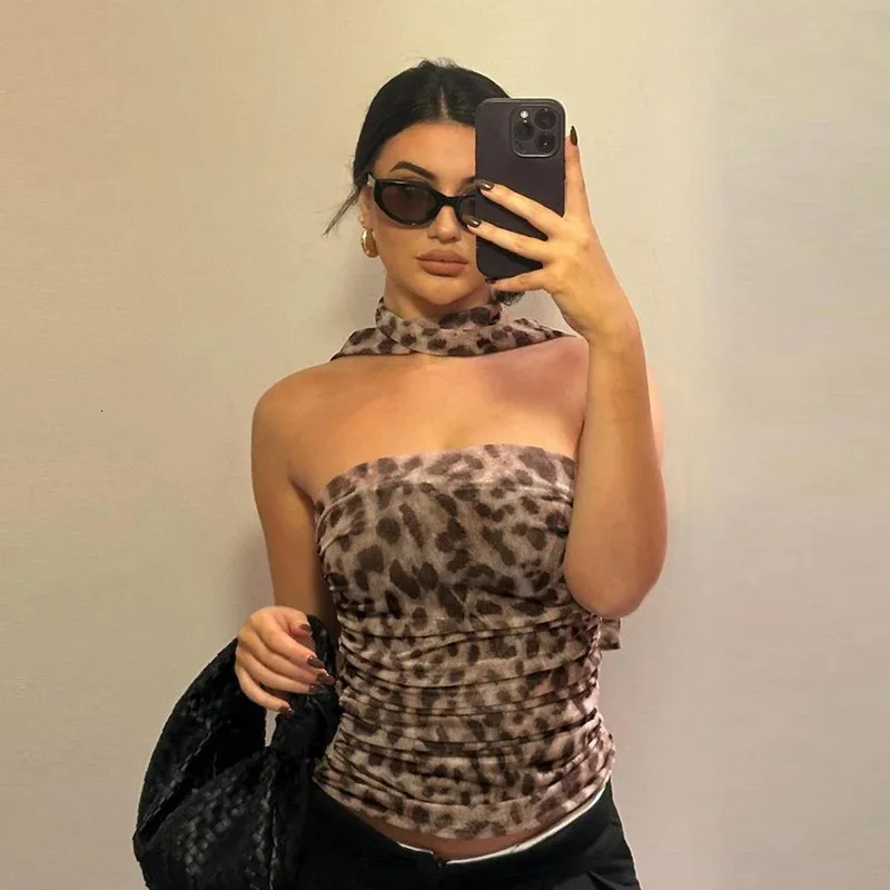 Womens tulle leopard print top shoulder straight neck and leopard print straight skirt summer casual girls two-piece set 260120