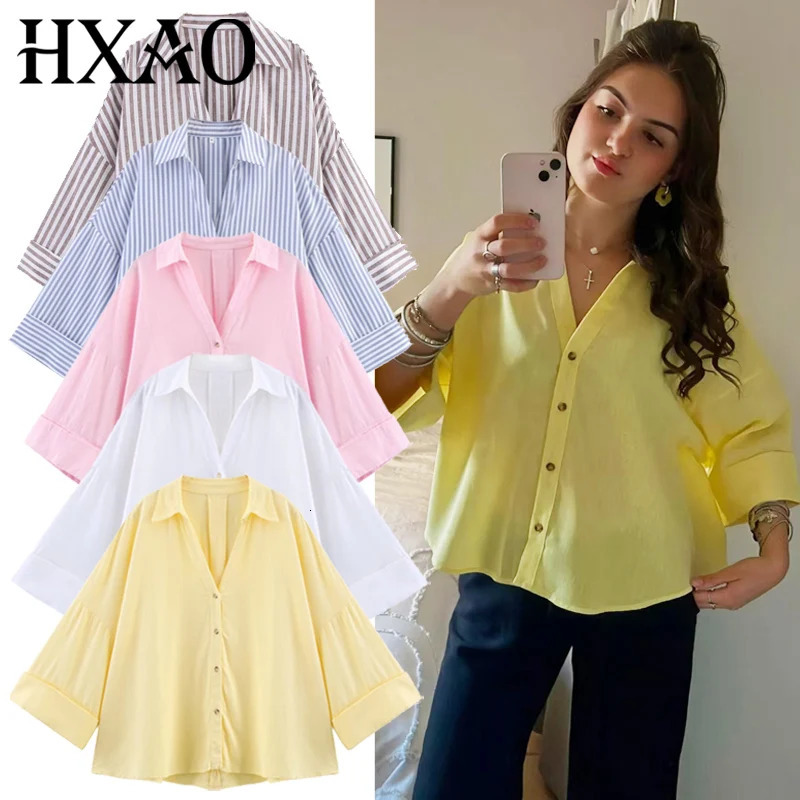 HXAO Womens Shirt Oversized Blouse Summer Shirt Blouse Yellow Pink White Striped Shirt Elegant Large Size Long Sleeve Shirts 260122