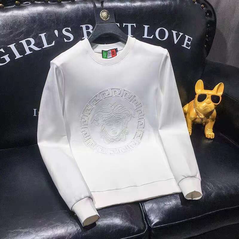 Winter New Round Neck Embroidered Long Sleeve Sweatshirt Men Slim Fit Plus Size Sequin Trendy Brand Simple Top