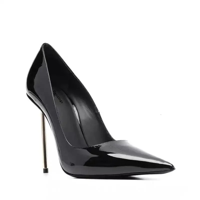 2025 Black PU Leather 10cm High Heels Trendy Gold Stiletto Comfortable SlipOn Sexy Party Sandals 260208