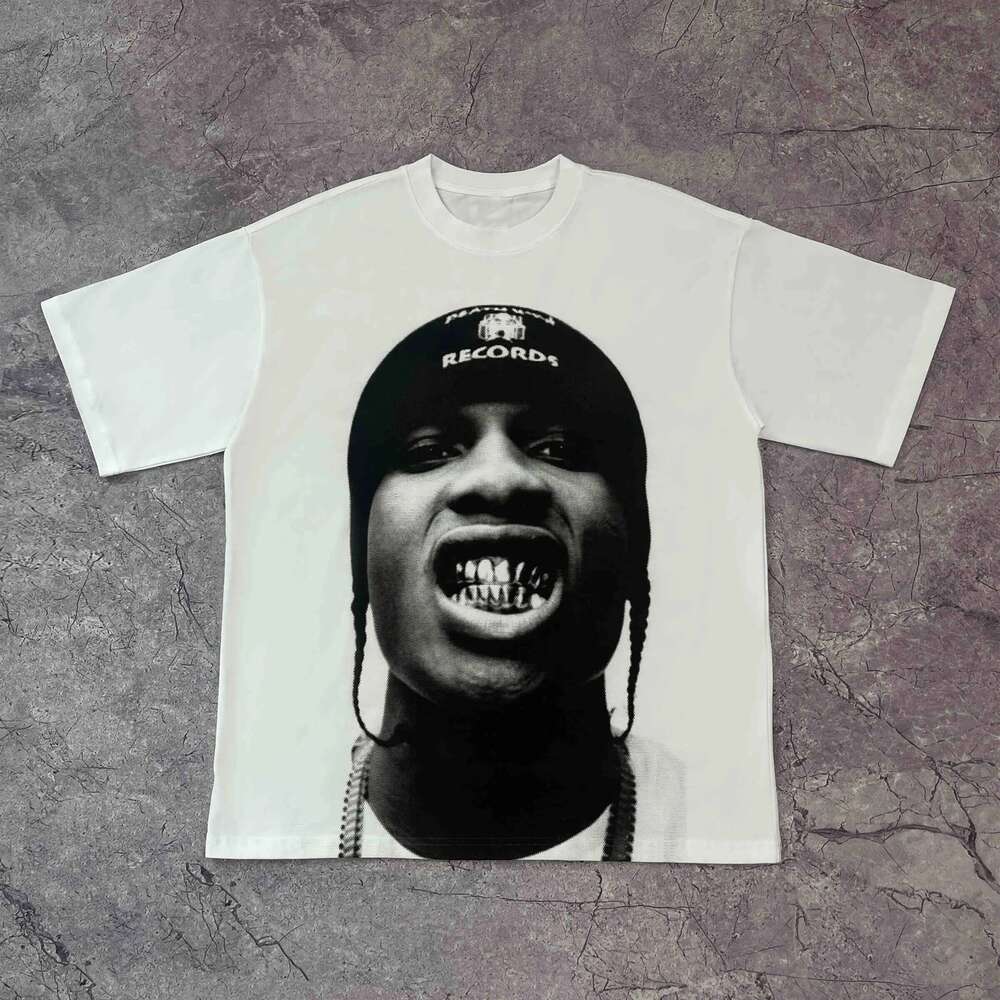 Summer Men's White Face Print Round Neck Short Sleeved Hip-hop Streetwear Casual Fashion Versatile T-shirt Large Size X260209