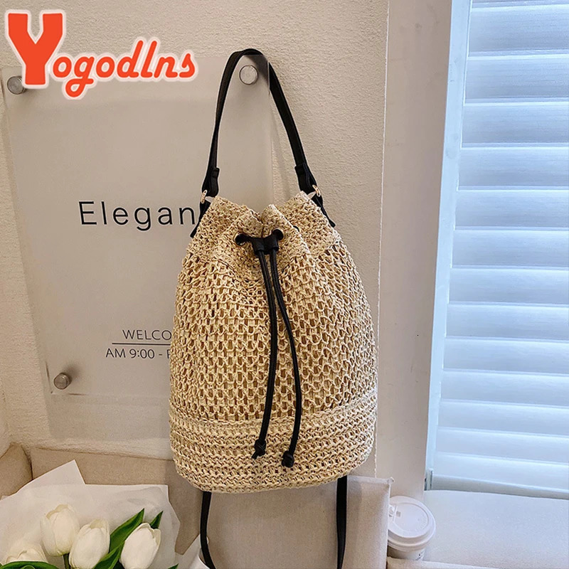 Summer Braided Straw Bucket Bag For Women Simple Drawstring Shoulder Crossbody Bag Travel Beach Bag Casual Wove Handbag 260205